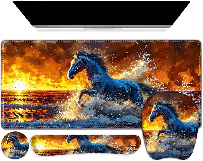 Large Mouse Pad Keyboard Wrist Rest Set Ergonomic Mouse Pad with Wrist Support Desk Mat with Stitched Edges + Coaster Extended Desk Pad Waterproof Desk Mat for Home Office Game I Running Horse