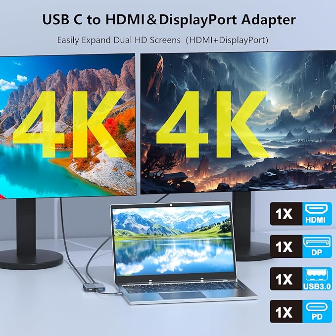 USB C to HDMI and DisplayPort Adapter 4K @60Hz Dual Monitor Adapter for Dell/HP/Mac Laptops USB Type C to Display Port and HDMI Multiport with USB3.0/PD USB C Hub Docking Station Dual Monitor