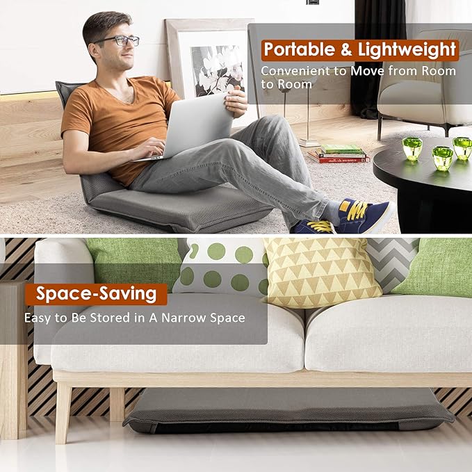 GOFLAME Adjustable Floor Chair 6-Position Folding Padded Gaming Sofa Chair Cushioned Back Support Lazy Sofa for Reading Meditation Games (Grey)