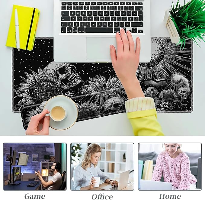 3Pcs Mouse Pad Set Gothic Skull Sunflowers Large Gaming Mouse Pad with Stitched Edge Ergonomic Memory Foam Keyboard Wrist Support and Mouse Wrist Rest Cushion Pain Relief Non-Slip Desk Pad Combo