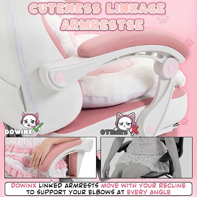 Dowinx Gaming Chair with Cat Ears and Paw Lumbar Pillow Ergonomic Reclining Chair Memory Foam and Spring Cushion Footrest 300lbs Capacity Cute and Comfortable Design for Women &amp Girls