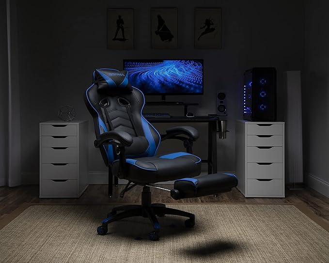 RESPAWN 110 Ergonomic Gaming Chair with Footrest Recliner - Racing Style High Back PC Computer Desk Office Chair - 360 Swivel Adjustable Lumbar Support Headrest Pillow Padded Armrests - 2019 Blue