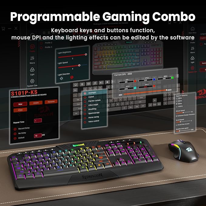 Redragon S101M-KS Gaming Keyboard and Mouse Wireless with Tri-Mode RGB Keyboard and 4800 DPI Gaming Mouse 10 Independent Multimedia Keys for Wins PC Computer Wireless S101 Ideal for Gamer