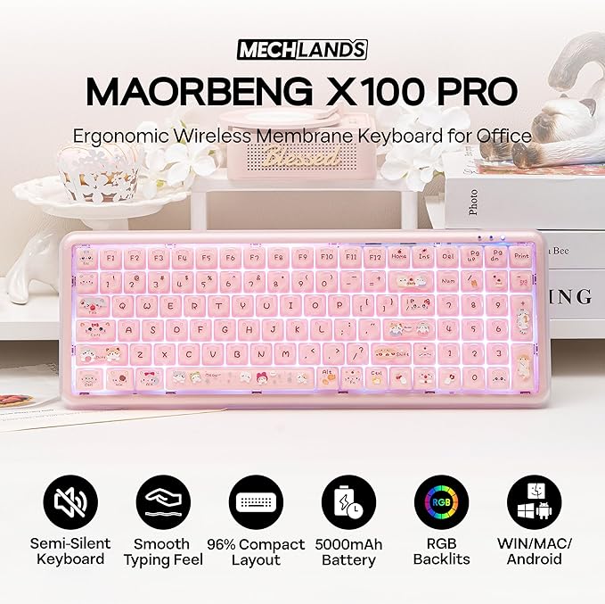 MechLands X Maorbeng X100 PRO Membrane Gaming Keyboard with Number Pad RGB Backlits Wireless Computer Keyboard with 5000mAh Battery BT/2.4G/USB-C Wired 96% Layout for Windows/Mac/PC (Pink)
