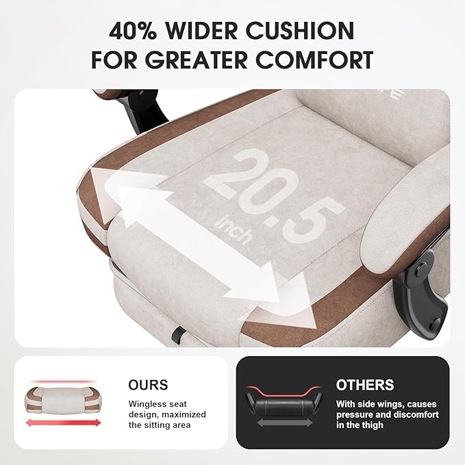 Gaming Chair Fabric Computer Office Chair with Massage Ergonomic Chair with Footrest Lumbar Support Pocket Spring Widened Cushion Metal Legs 350LBS Beige