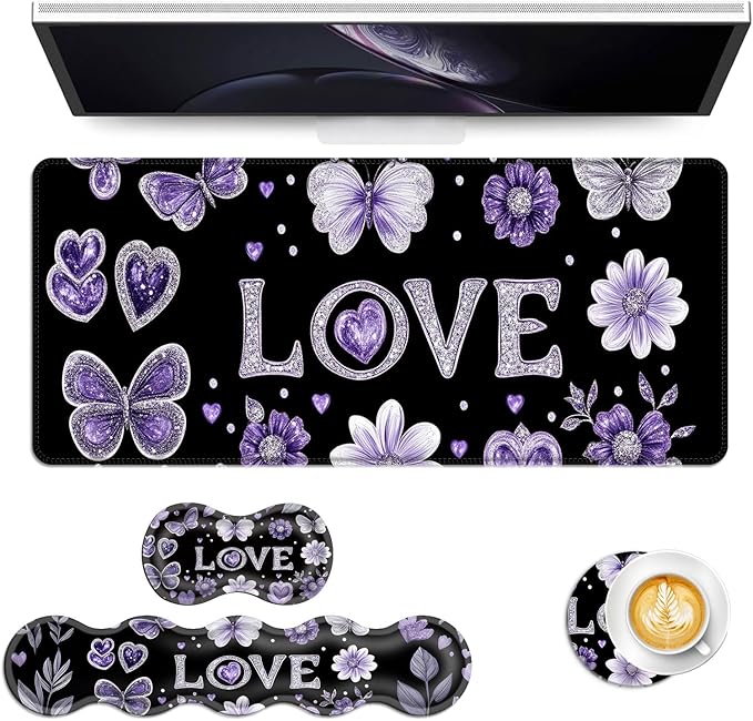 Keyboard Mouse Pad Set Extended Gaming Mouse Pad+Ergonomics Keyboard Wrist Rest Support Memory Foam Easy Typing Pain Relief 4Pcs XL Ultra Thick Desk MatGlitter Love Butterflies Flowers