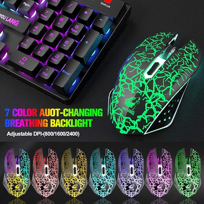 Wireless Gaming Keyboard and Mouse Combo with 87 Key Tenkeyless Rainbow LED Backlight Rechargeable 3800mAh Battery Anti-ghosting Ergonomic Waterproof RGB Mute Mice for Computer PC Gamer (Black)