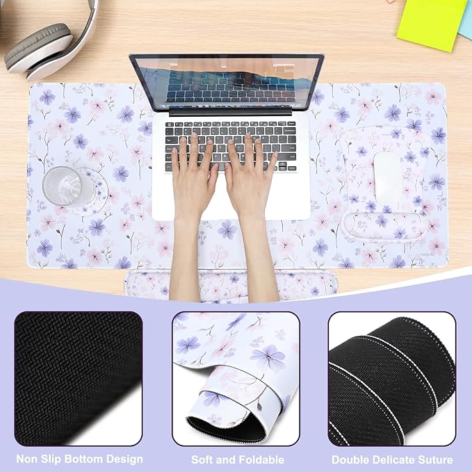 MEGREZ 4-in-1 Ergonomic Memory Foam Wrist Rest Set Desk Pad Mouse Pad with Wrist Rest Keyboard Pad Suitable for Office Workers Programmers &amp Gamers–Relieve Typing &amp Gaming Fatigue White