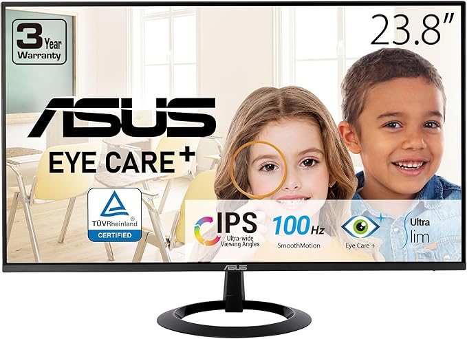ASUS 24” (23.8-inch viewable) Eye Care Monitor (VZ24EHF) - IPS Full HD (1920 x 1080) Frameless 100Hz Adaptive-Sync 1ms HDMI Low Blue Light Flicker Free Ultra-Slim Profile 3 Year Warranty