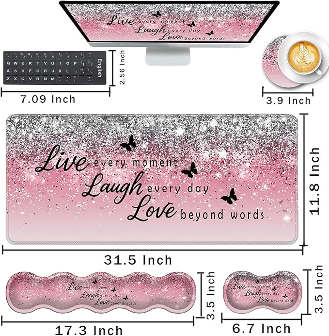 Keyboard Wrist Rest and Mouse Pad with Wrist Support Set Ergonomic CoasterMemory FoamEasy Typing Pain ReliefLarge XL Desk Mat 31.5x 11.8Pink Glitter Quote Live Love Laugh