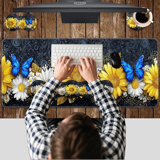 Ergonomic Keyboard Wrist Rest &amp Mouse Pad Wrist Rest SetXL Gaming Desk Mat 31.5x 11.8Non-Slip BaseMemory FoamEasy Typing Pain Relief for Office &amp HomeSunflower Daisy