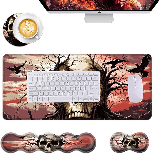 Mouse PadLarge Desk Mat Set 4in1 XL Mousepad + Keyboard Wrist Rest+Mouse Wrist Rest+Coaster with Ergonomic Desk Pad for Home Office Table Computer Cover -Skull Tree with Crows