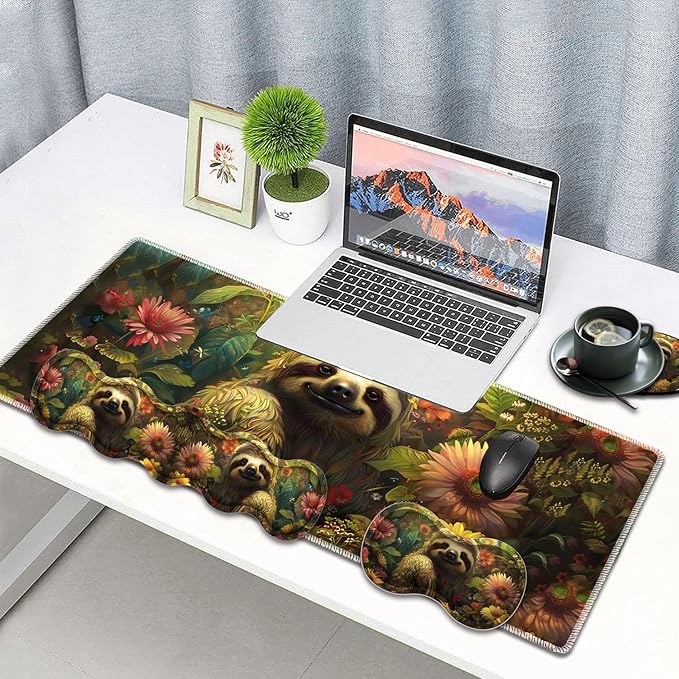 Large Gaming Mouse Pad Keyboard Wrist Rest Pad + Mouse Wrist Pad + Coaster 4 in 1 Set Extended Waterproof Non-Slip Desk Mat Suitable for Office Home Learning Games Flower Sloth