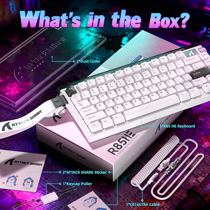 ATTACK SHARK R85 HE 75% Magnetic Wired Gaming Keyboard8KHz Polling Rate Rapid Trigger0.005mm RT Precision256K Scan RateCustom Hot-SwappableWeb Driver PC Keyboard for Gamer/Win/MacStarlight White