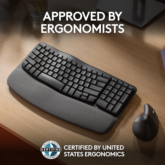 Logitech Wave Keys Wireless Ergonomic Keyboard with Cushioned Palm Rest Comfortable Natural Typing Easy-Switch Bluetooth Logi Bolt Receiver for Multi-OS Windows/Mac - Graphite