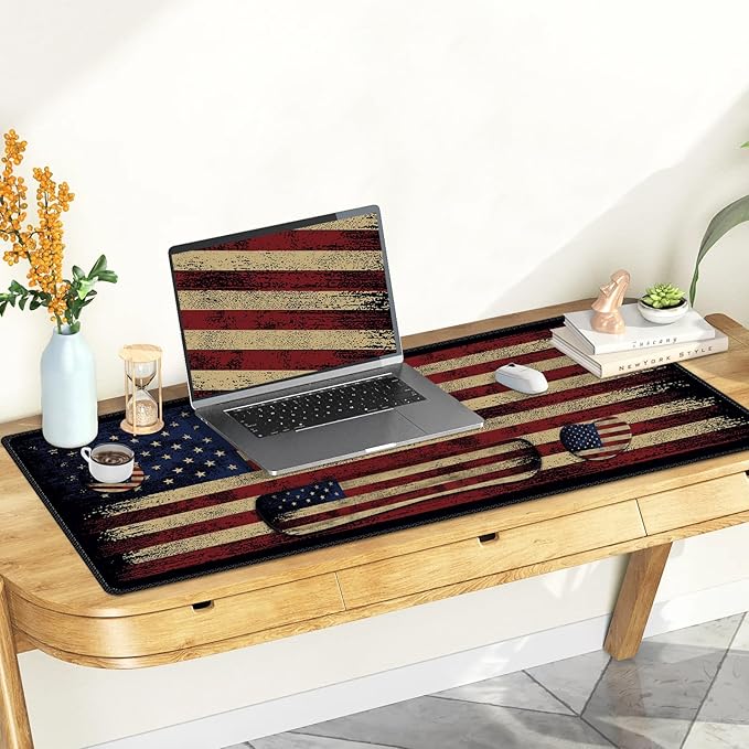 Desk Mat Pad Gaming Mouse Pad Wrist Support Set 4 in1 Non-Slip XXL Large Mousepad + Ergonomic Keyboard Wrist Rest+Mouse Wrist Rest+Coaster for Home Office PC Computer I Vintage American Flag