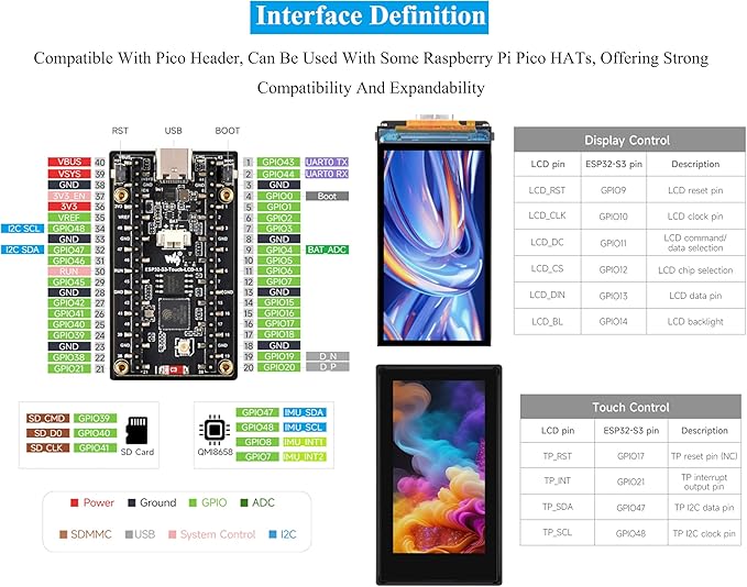 ESP32-S3 1.9inch Touch LCD Display Development Board 170x320 Pixels 262K Color 32-Bit LX7 Dual-Core Processor Supports 90° Hardware Rotation ESP32 with DisplayMultiple Peripheral Interfaces