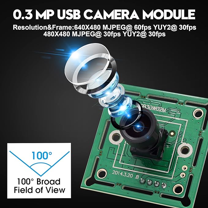 USB Camera Module 100 Degree No Diistortion Lens USB Camera 60fps High Speed Camera 10.2Inch Mini Webcam for Industrial Machine Supports Most OS with 3.3ft/1m Cable forRaspberry Pi Jetson Nano