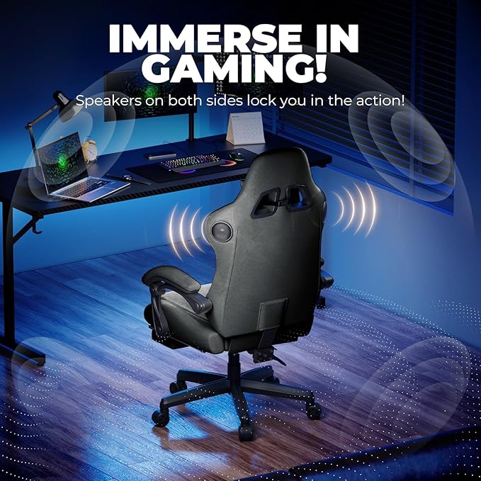 GTPLAYER ACE-PRO Music Gaming Chairs – Built-in Speakers App Support &amp Bluetooth Control Computer Game Chairs with Footrest for Adults Ergonomic Reclining Silla Linkage Armrest Grey