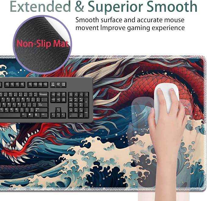 Large Gaming Mouse Pad + Keyboard Wrist Rest + Wrist Support + Coaster Set Memory Foam Ergonomic for Easy Typing XXL Extended Gaming Mouse Pad Table Pad - Sea Wave Red Dragon