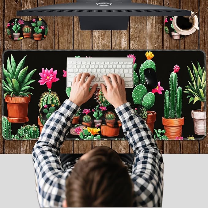 Ergonomic Keyboard Wrist Rest &amp Mouse Pad Wrist Rest SetXL Gaming Desk Mat 31.5x 11.8Non-Slip BaseMemory FoamEasy Typing Pain Relief for Office &amp HomeFloral Cactus