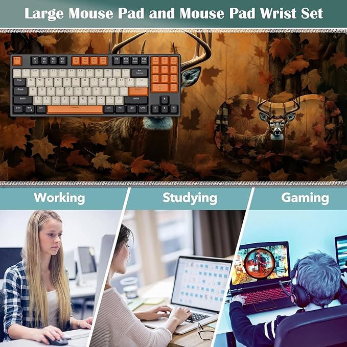 Large Game Mouse Pad + Wrist Support Pad + Coffee Coaster Desk Pad with Sewn Edges Anti-Slip Set pad Suitable for Office Work and Home - Camo Flag Deer