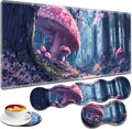 Large Gaming Mouse Pad + Keyboard Wrist Rest + Wrist Support + Coaster Set Memory Foam Ergonomic for Easy Typing XXL Extended Gaming Mouse Pad Table Pad - Mushroom Forest