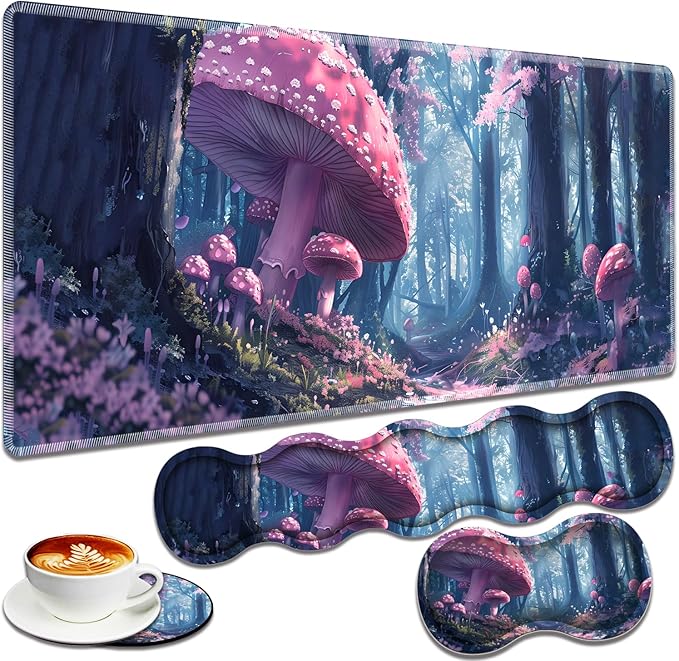 Large Gaming Mouse Pad + Keyboard Wrist Rest + Wrist Support + Coaster Set Memory Foam Ergonomic for Easy Typing XXL Extended Gaming Mouse Pad Table Pad - Mushroom Forest