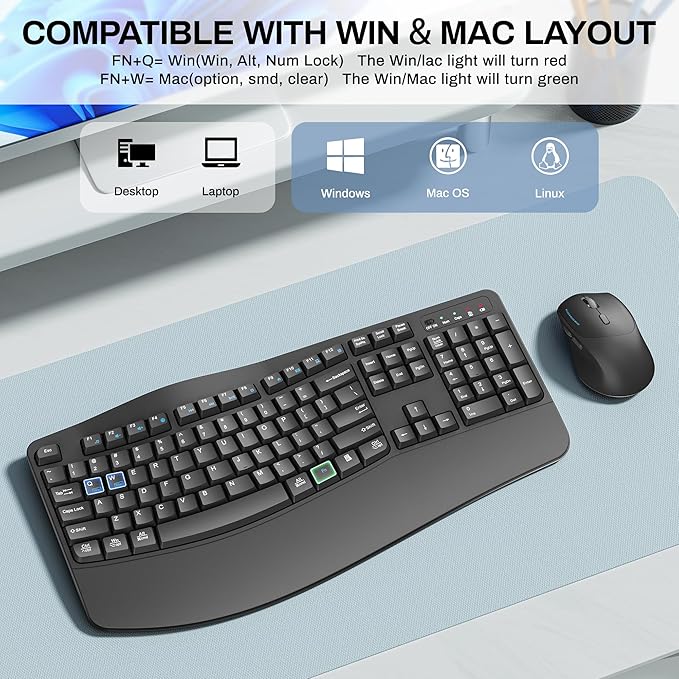 Wireless Keyboard and Mouse Combo2.4G Full Size Wave Keys Ergonomic Keyboard with Wrist Rest for Natural Typing 3 DPI Adjustable Ergonomic Silent Mouse for Computer/Laptop/Windows/Mac (Gray)