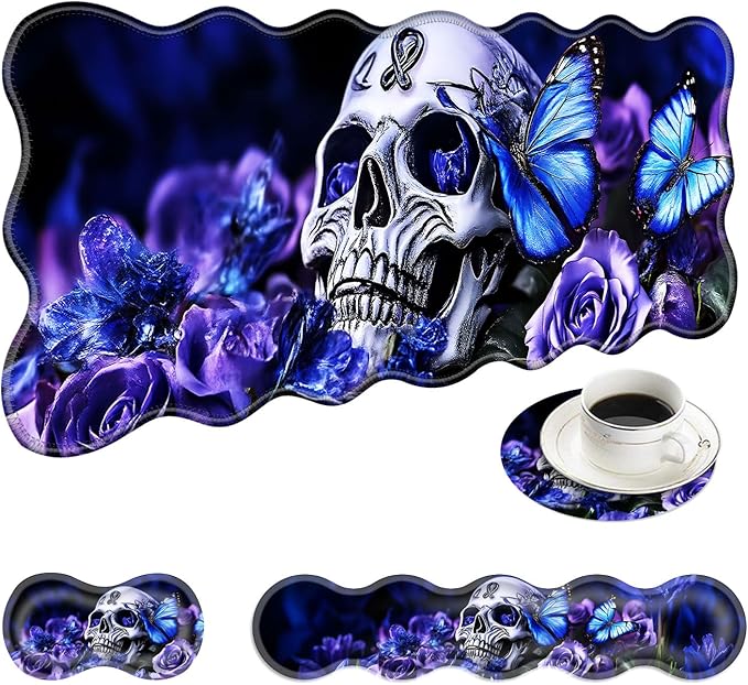 Large Mouse Pad and Keyboard Wrist Rest Desk Pad for Keyboard and Mouse 4-in-1 Large Gaming Mouse Pad with Wrist Support Desk Mat for Home Office Study Game-Skull and Butterflies