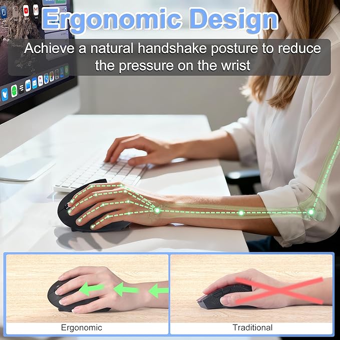 Wireless Mouse Ergonomic Left Handed Vertical Mouse with USB Receiver LED Light 6 Buttons 2.4GHz Optical Portable Rechargeable Computer Mice for Laptop PC Desktop Notebook Kids Adults Gifts (Black)