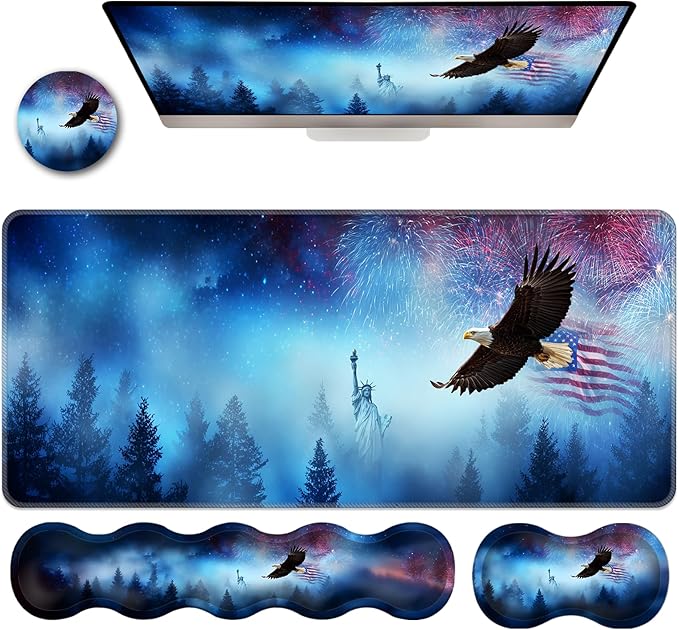 Ergonomic Keyboard Wrist Rest &amp Mouse Pad Wrist Rest SetXL Gaming Desk Mat 31.5x 11.8Non-Slip BaseMemory FoamEasy Typing Pain Relief for Office &amp HomeEagle US Flag Fireworks