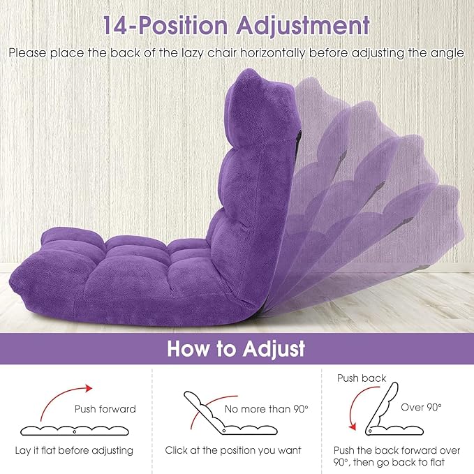 14-Position Lazy Sofa Chair with Back Support Soft Coral Fleece Recliner for Gaming Reading Meditating Yoga (Violet)