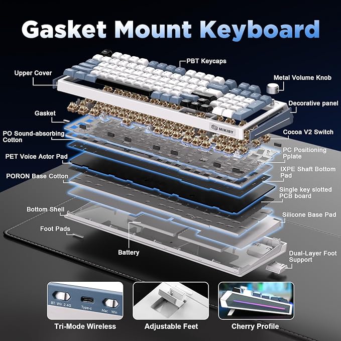K98 Wireless Mechanical KeyboardTri-Mode BT5.0/2.4GHz/USB-C Hot Swappable Custom KeyboardGasket StructureRGB Backlit Gaming Keyboard for Win &amp Mac(White&ampBlueCocoa-V2 Switch)