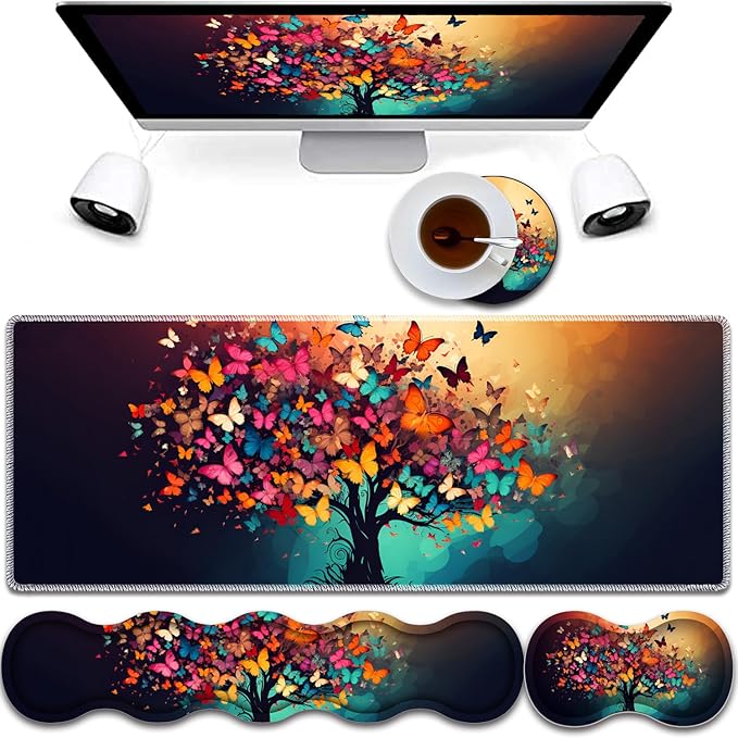 4 in 1 Mouse Pad Combo Large Gaming Mouse Pad + Keyboard Wrist Support + Mouse Wrist Rest + Coaster Table Pad 31.5 x 11.8 with Memory Foam Ergonomic Wrist Pad Set Colorful Tree Butterfly