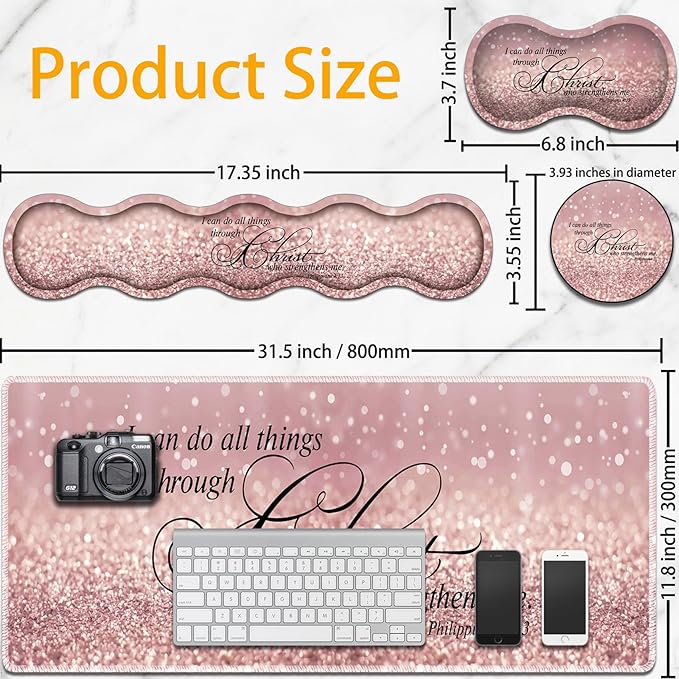 Large Mouse Pad Set Desktop Mouse Pad + Keyboard Wrist Pad + Mouse Wrist Pad + Coaster Ergonomic Memory Foam Multi-Functional Desk Mat - Bible Verse Pink Glitter Phil 4-13