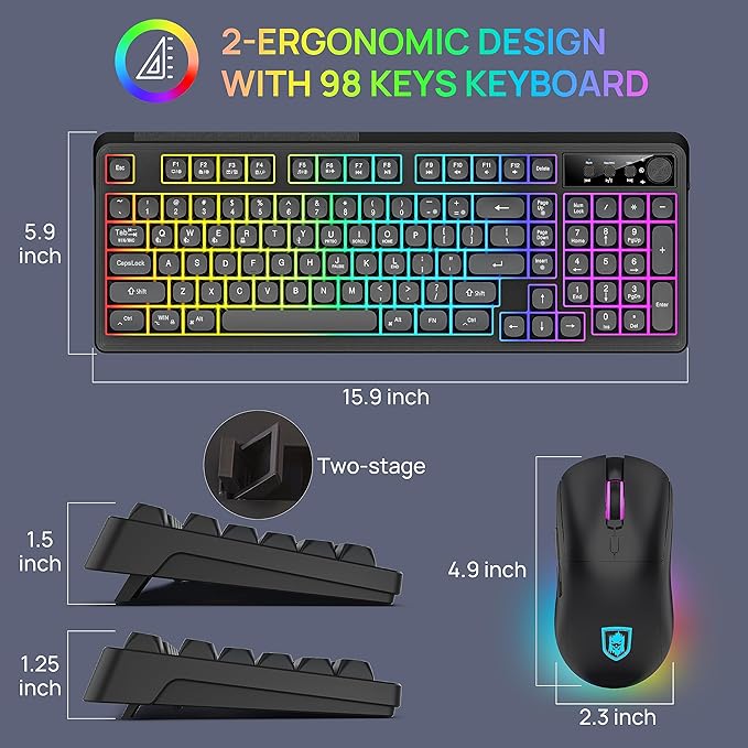 KOLMAX BT98 Wireless Keyboard and Mouse ComboTriple Mode 2.4G/Wired/Bluetooth Gaming Keyboard and MouseRechargeable Ergonomic RGB Backlit Light Up Keyboard Mouse with Knob for PC/Mac/Tablet