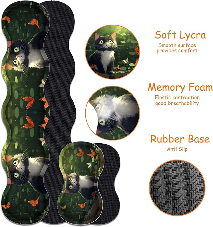 4 in 1 Mouse Pad Combo Large Gaming Mouse Pad + Keyboard Wrist Support + Mouse Wrist Rest + Coaster Table Pad with Stitched Edge Ergonomic Wrist Pad Set Butterfly and Cat