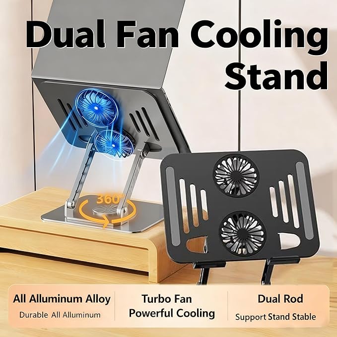 Selbst Laptop Stand for Desk with Quiet Cooling Fans - 360 Rotating Base Ergonomic Computer Stand Aluminum Laptop Riser Foldable Protable for Office Home fits MacBook Air Pro Dell HP (10-17.3'')