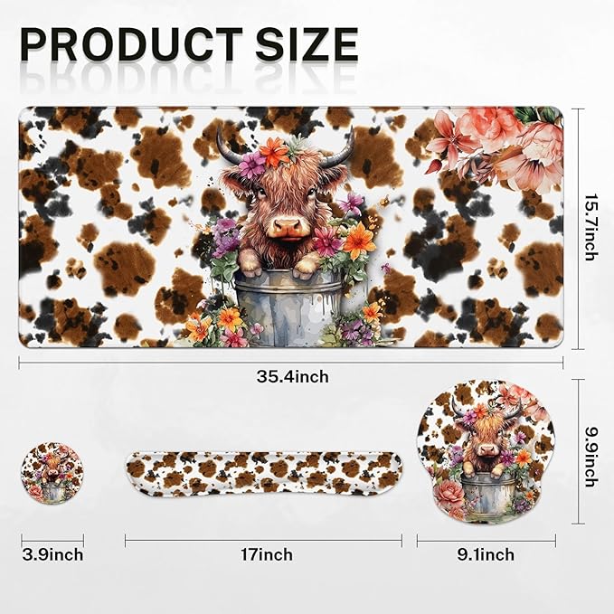 Arttown Highland Cow Flower Desk Mat Leaves Cartoon Print Mouse Pad Set 4 in 1 Ergonomic Design Large Mousepad + Keyboard Wrist Rest + Mouse Wrist Rest + Coaster Suitable for Home Office Study Game