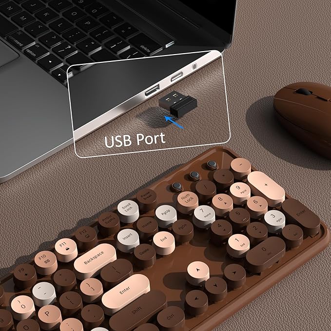 Colorful Wireless Keyboard and Mouse Combo COVEVA 2.4GHz Wireless Retro Cute Round Keycaps Keyboard 104 Keys Full-Sized Keyboard Mouse Set with Switch Button for PC Laptop Desktop (Brown Colorful)