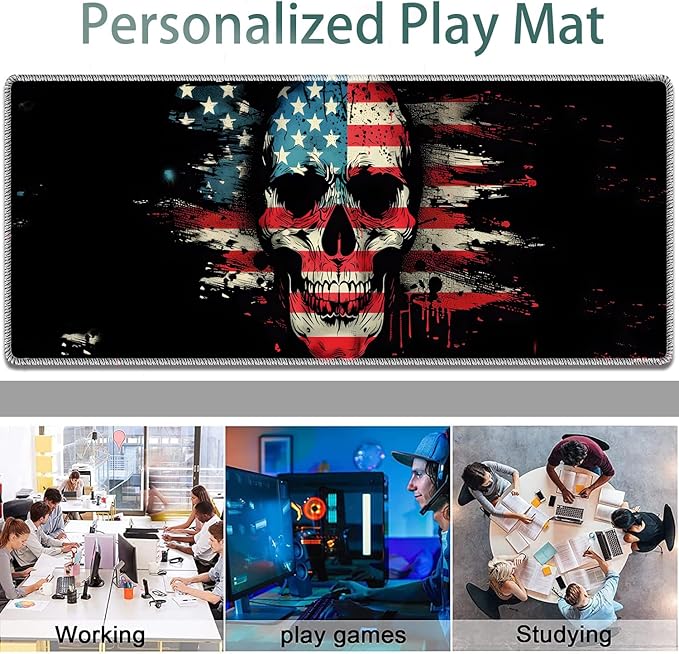 Large Gaming Mouse Pad + Keyboard Wrist Rest + Wrist Support + Coaster Set Memory Foam Ergonomic for Easy Typing XXL Extended Gaming Mouse Pad Table Pad - American Flag Skull