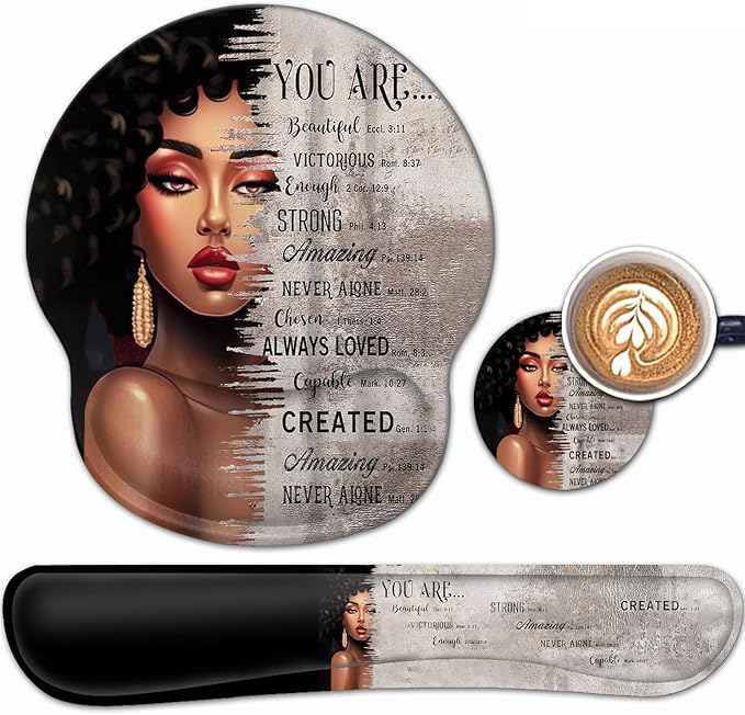 Ergonomic Gaming Mouse Pad Wrist Support and Memory Foam Keyboard Wrist Rest with Anti-Slip Base for Home Office Computer Desk Pad Gel Black Mouse Pad Easy Typing African American Women Black Girl