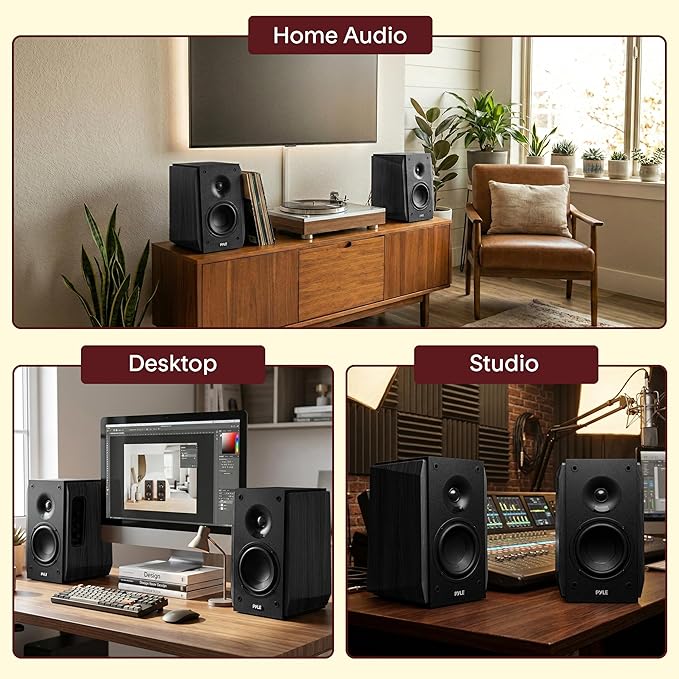 Pyle Powered Bookshelf Speaker System with Bluetooth 80W Active Stereo Speakers Bass Reflex Natural Wood Cabinet Hi Def ARC Optical Coax Subwoofer Out for Home Theater Computer Studio (Pair)