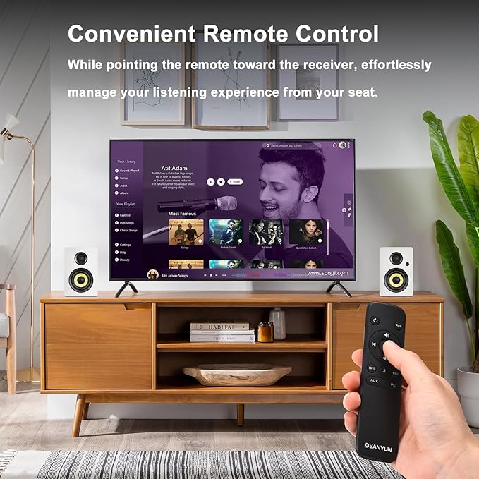 Sanyun SW206 4” HiFi Bookshelf Speakers with Studio Mode 80W Active Bluetooth 5.4/Optical/Coaxial/TRS/Aux/24bit DAC USB for Turntable TV PC Desktop MDF Cabinet Remote Control White