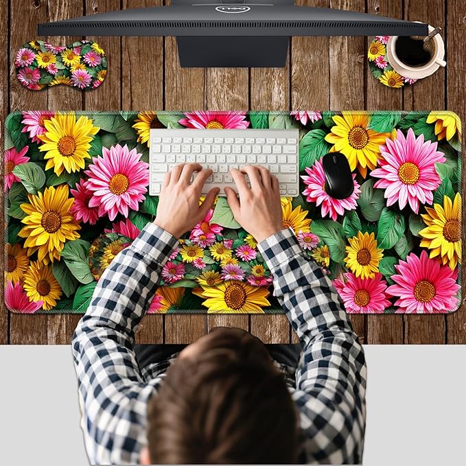 Ergonomic Keyboard Wrist Rest &amp Mouse Pad Wrist Rest SetXL Gaming Desk Mat 31.5x 11.8Non-Slip BaseMemory FoamEasy Typing Pain Relief for Office &amp HomePink and Yellow Sunflowers