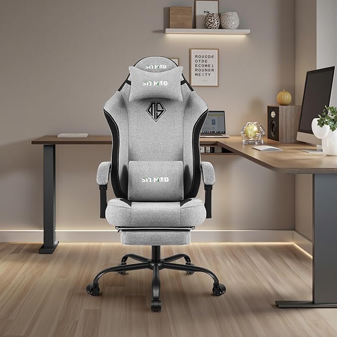 Gaming Chair Fabric with Pocket Spring CushionErgonomic Computer Office Chair Cloth with Footrest and HeadrestHigh Back Game Chair with Lumbar SupportAdjustable Backrest for AdultsGray