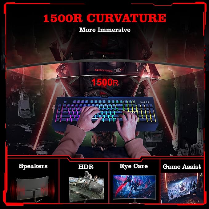 27 Inch Gaming Curved Monitor 1440P 180HZ 2K Professional PC Display QHD 2560x1440p Home Office Computer Screen HDMI DP AdaptiveSync 1500R Tilt Adjustable Build-in Speaker 100x100mm VESA
