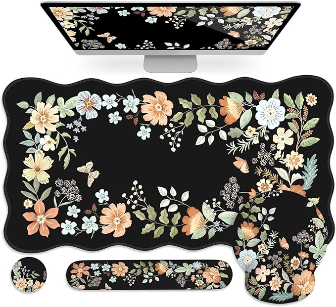 Scalloped Desk Cover Mat Aesthetic Mousepad with Wrist Rest Memory Foam Wrist Support for Keyboard Ultra Smooth Mouse Pad for Office Desk Decor School Supplies (Black)