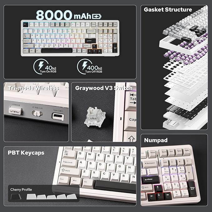 EPOMAKER x Aula F99 Wireless Mechanical Keyboard Hot Swappable Gasket Custom Gaming Keyboard with Five-Layer Padding BT/2.4GHz/USB-C 8000mAh Battery (White Grey Graywood V3 Switch)